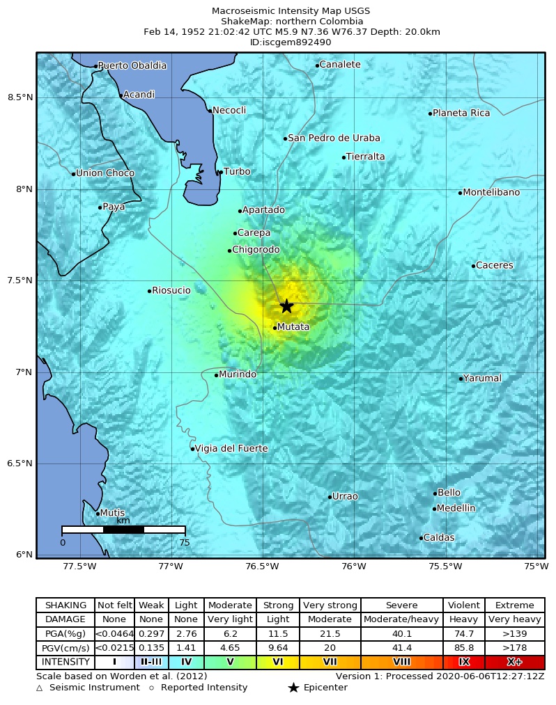 USGS ShakeMap: estimated shaking intensity around the epicenter