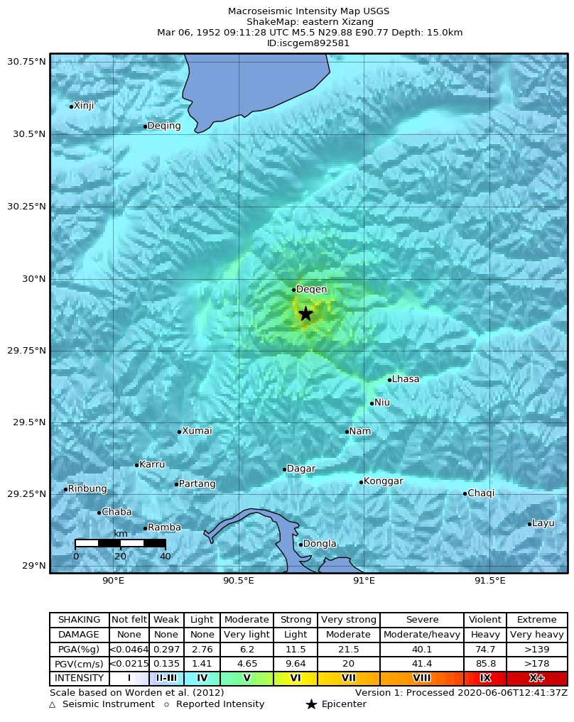 USGS ShakeMap: estimated shaking intensity around the epicenter