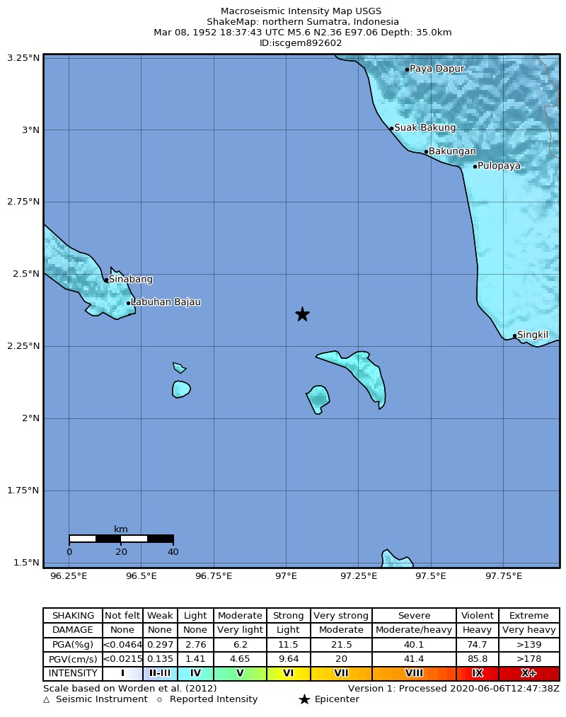 USGS ShakeMap: estimated shaking intensity around the epicenter