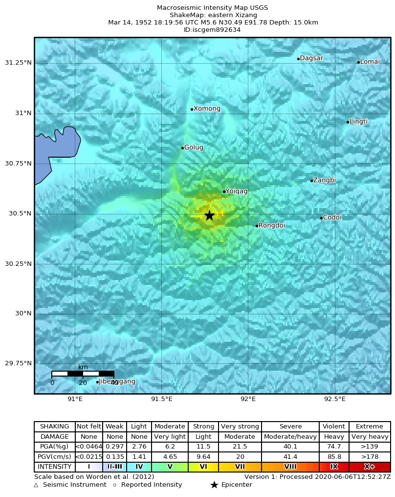 USGS ShakeMap: estimated shaking intensity around the epicenter