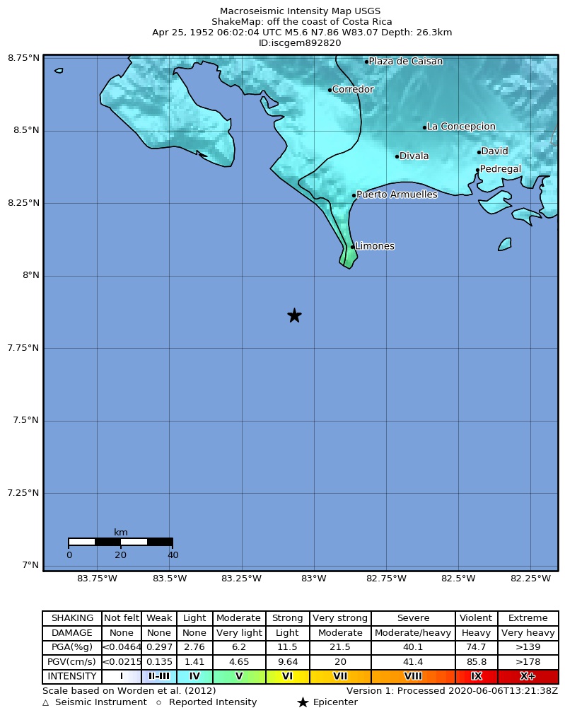 USGS ShakeMap: estimated shaking intensity around the epicenter