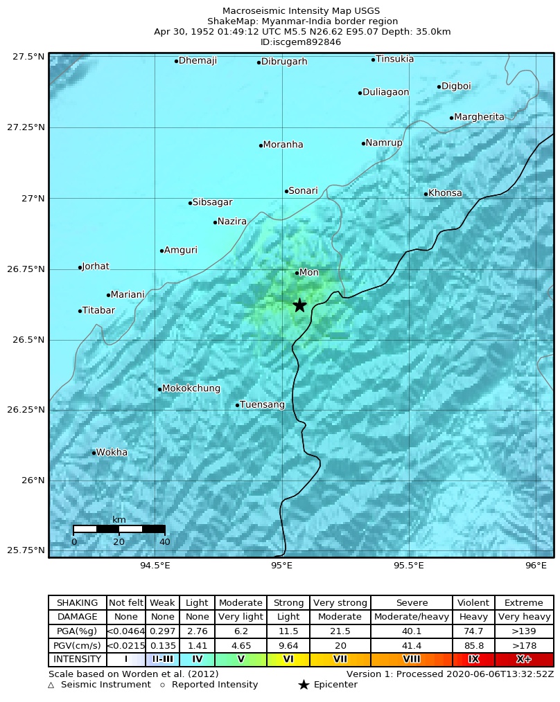 USGS ShakeMap: estimated shaking intensity around the epicenter
