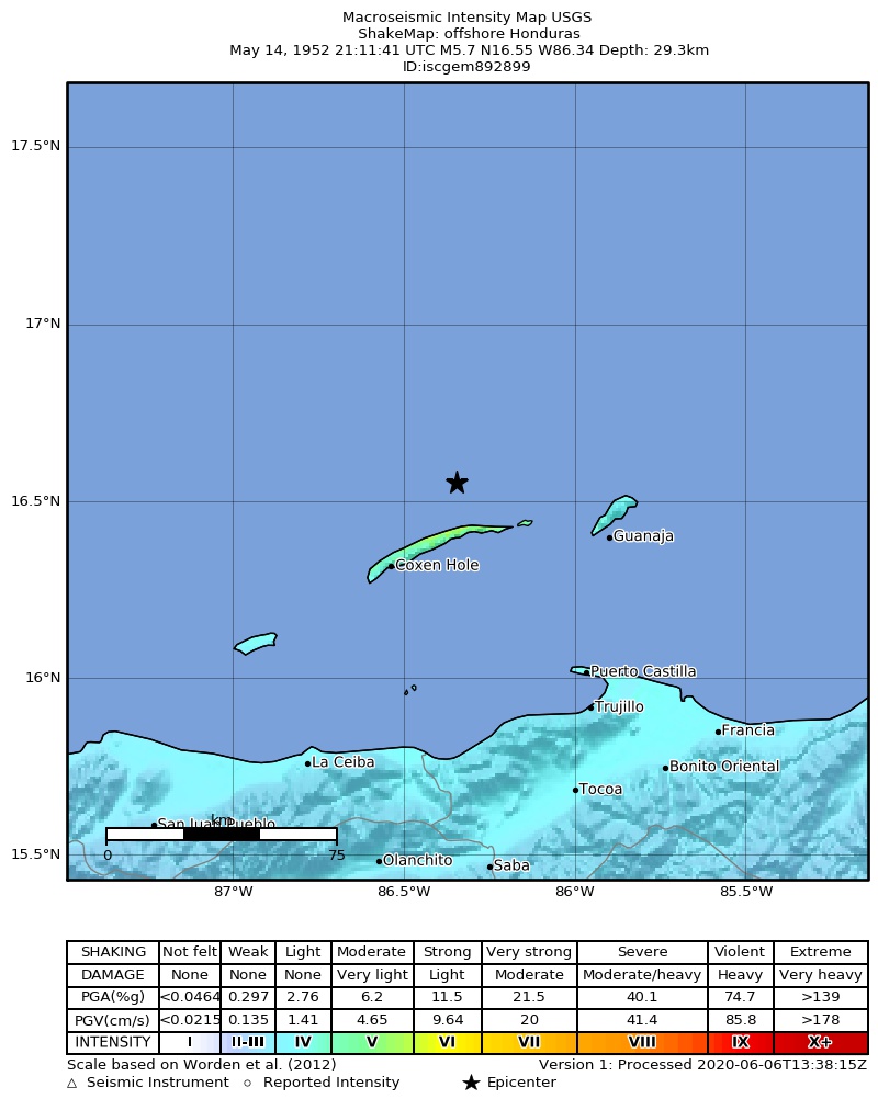 USGS ShakeMap: estimated shaking intensity around the epicenter