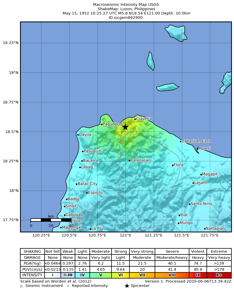 USGS ShakeMap: estimated shaking intensity around the epicenter