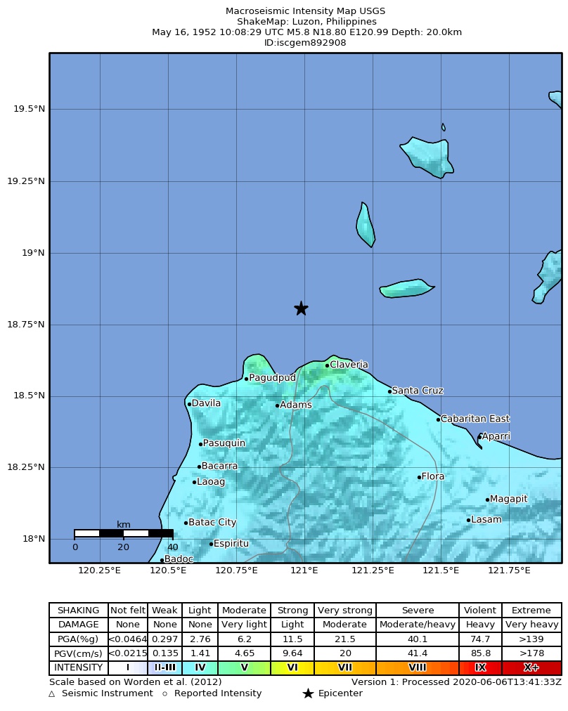 USGS ShakeMap: estimated shaking intensity around the epicenter