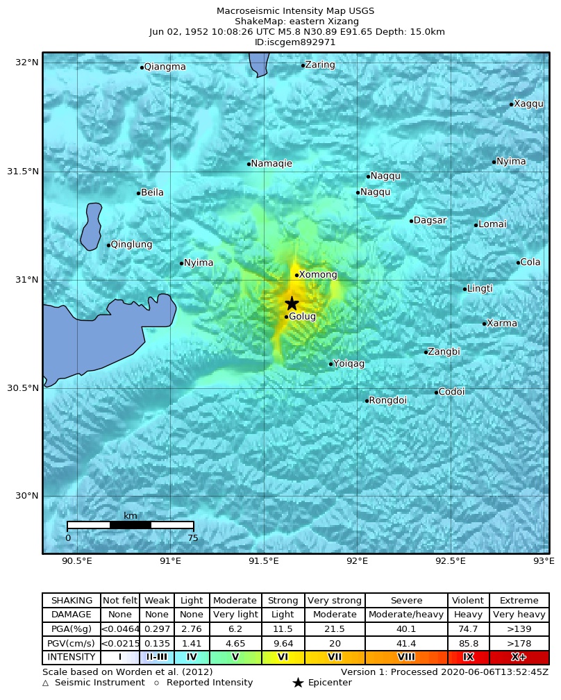 USGS ShakeMap: estimated shaking intensity around the epicenter