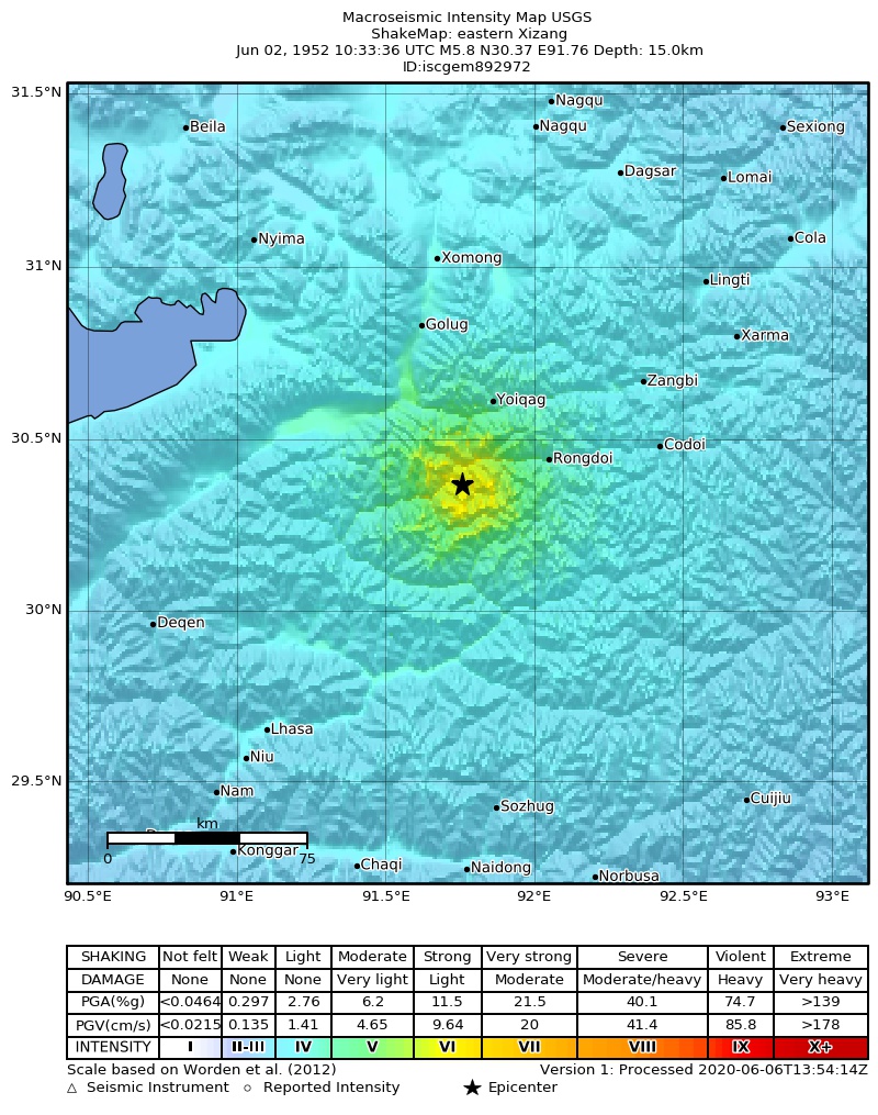 USGS ShakeMap: estimated shaking intensity around the epicenter