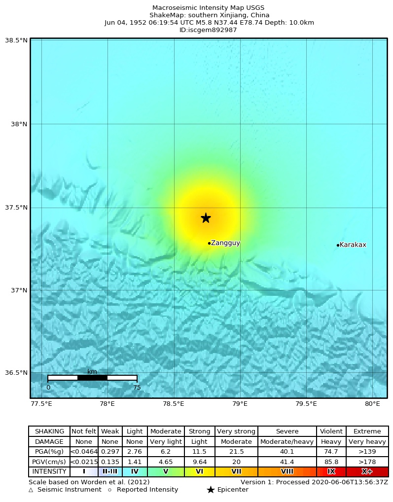 USGS ShakeMap: estimated shaking intensity around the epicenter
