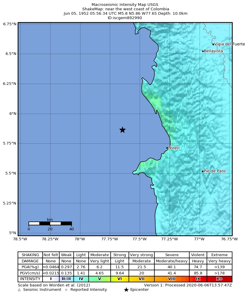 USGS ShakeMap: estimated shaking intensity around the epicenter