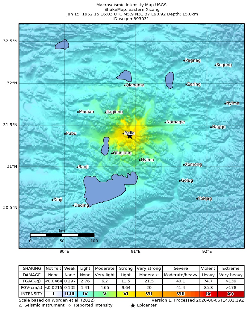 USGS ShakeMap: estimated shaking intensity around the epicenter