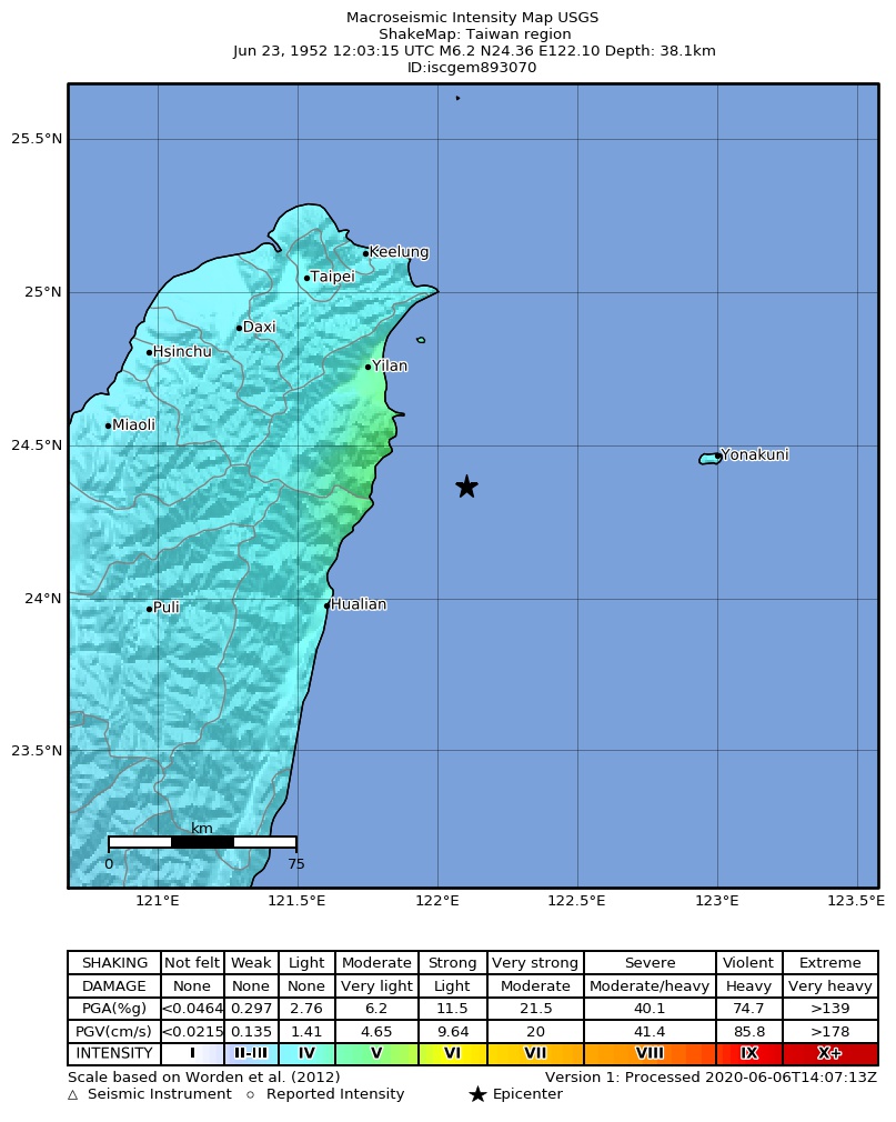 USGS ShakeMap: estimated shaking intensity around the epicenter