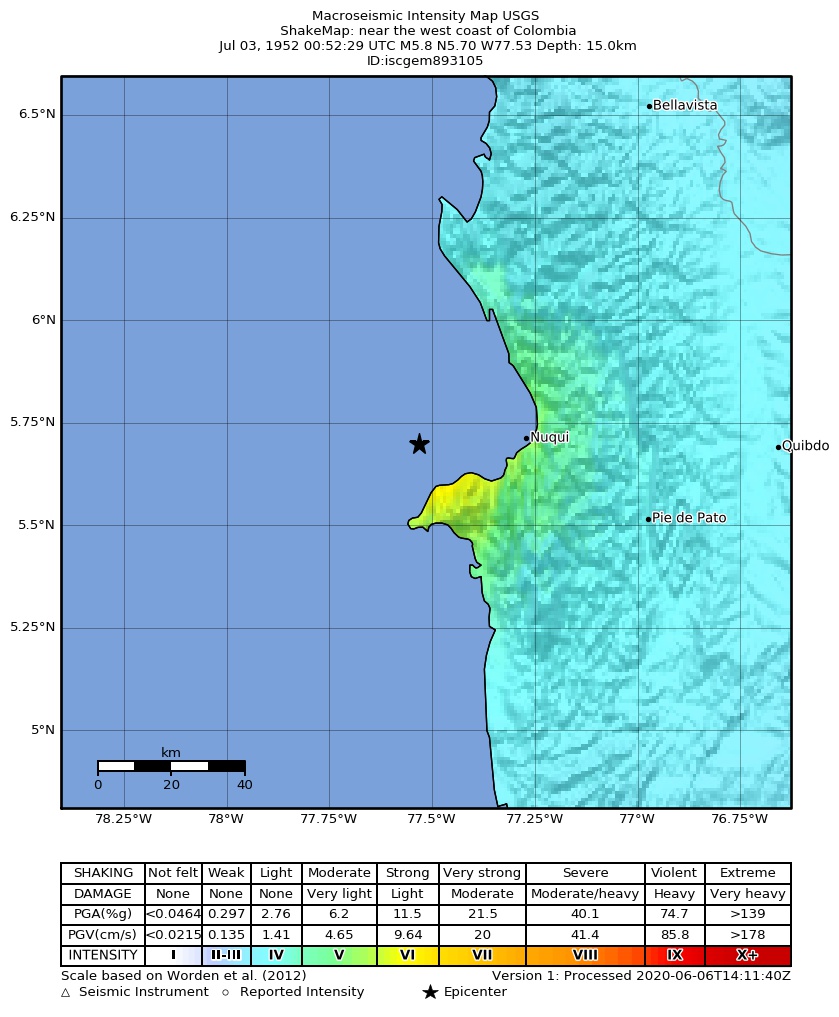 USGS ShakeMap: estimated shaking intensity around the epicenter