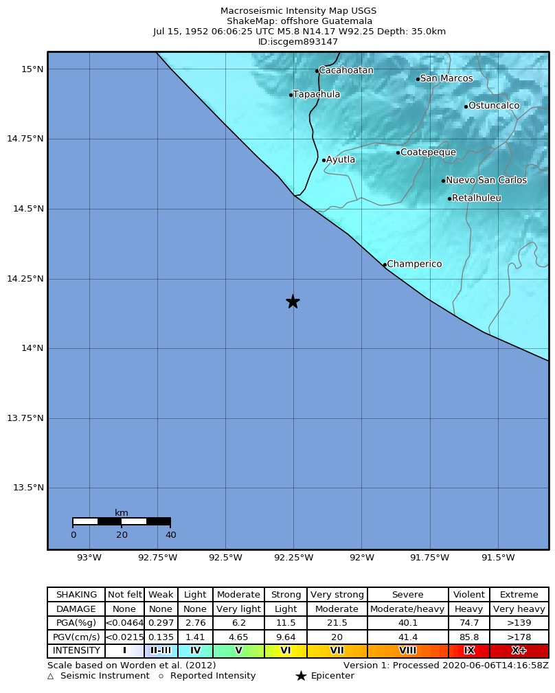 USGS ShakeMap: estimated shaking intensity around the epicenter