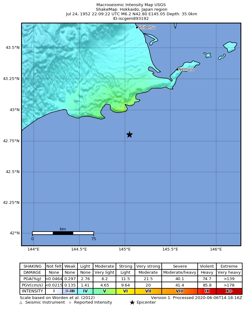 USGS ShakeMap: estimated shaking intensity around the epicenter