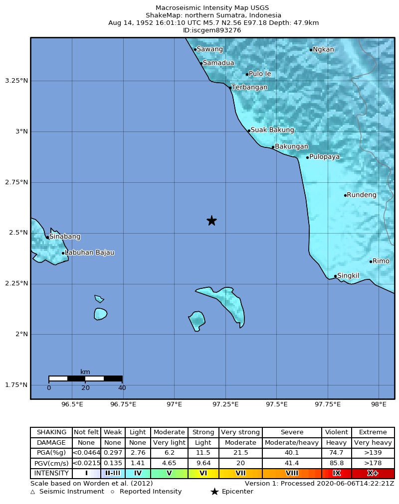 USGS ShakeMap: estimated shaking intensity around the epicenter