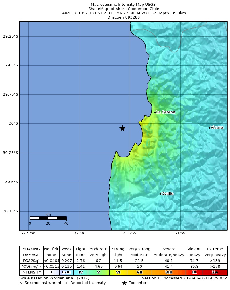 USGS ShakeMap: estimated shaking intensity around the epicenter