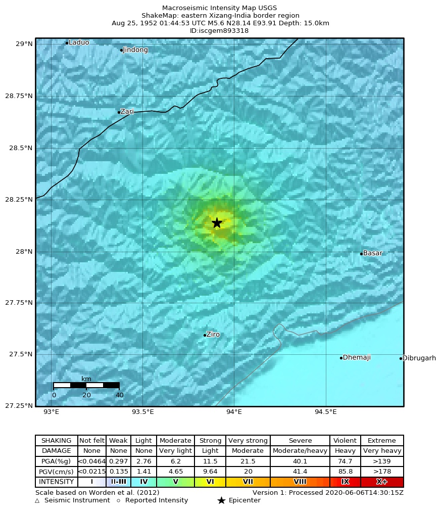 USGS ShakeMap: estimated shaking intensity around the epicenter