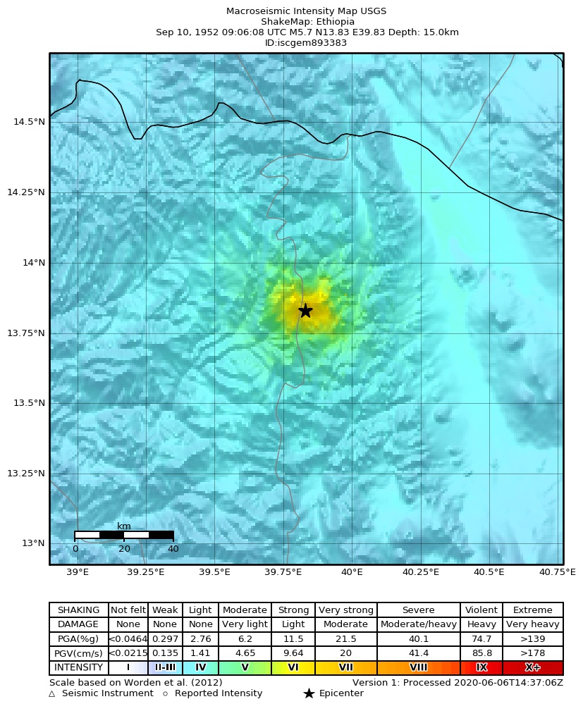 USGS ShakeMap: estimated shaking intensity around the epicenter