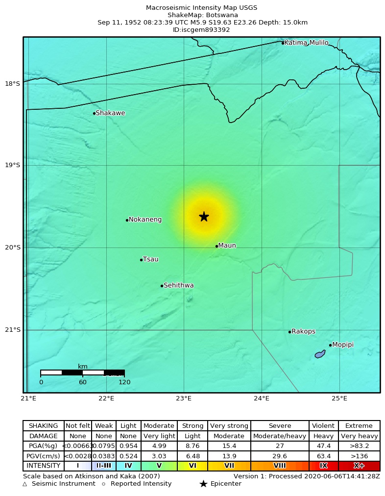 USGS ShakeMap: estimated shaking intensity around the epicenter