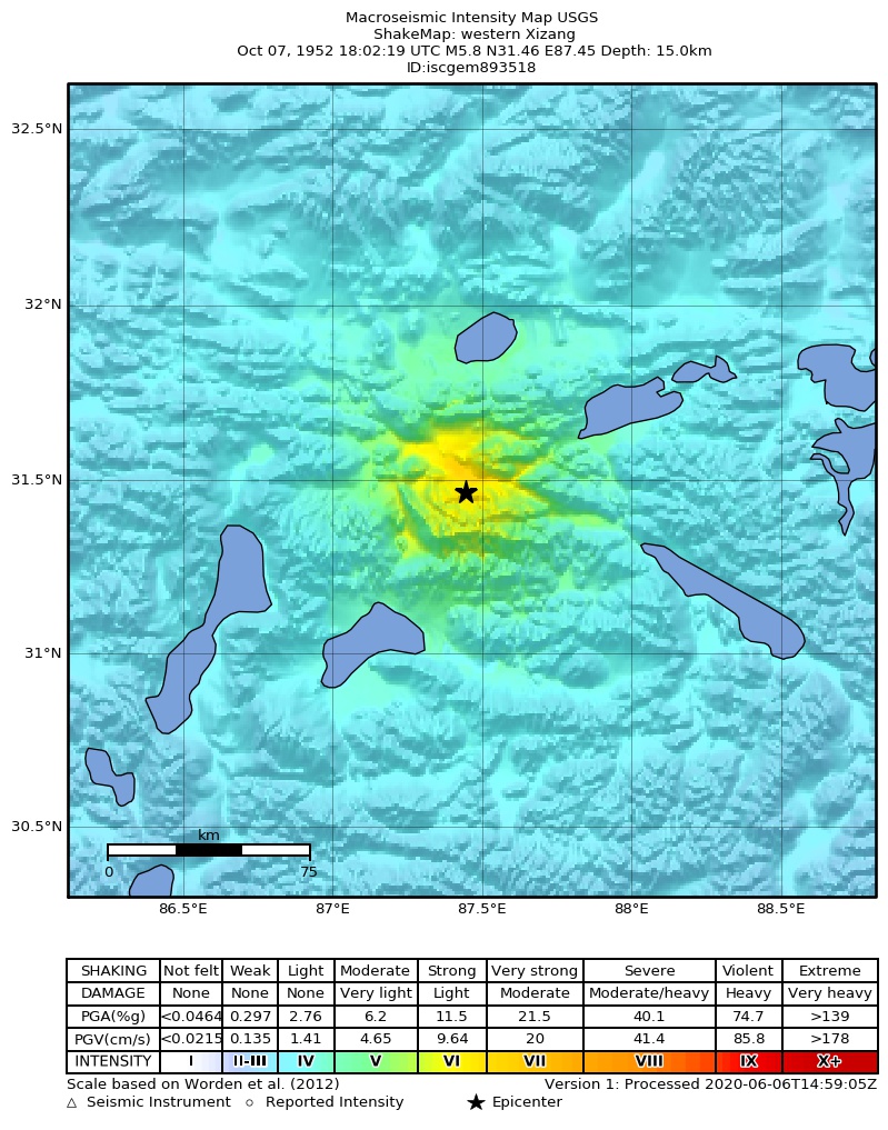 USGS ShakeMap: estimated shaking intensity around the epicenter