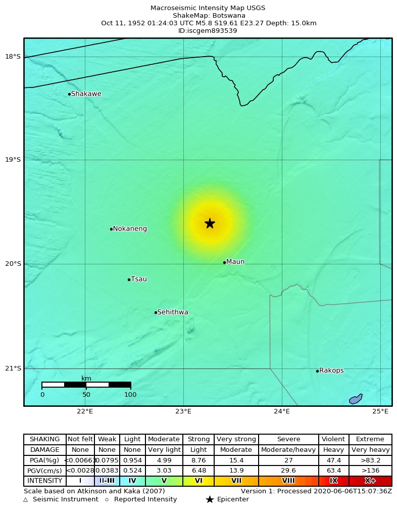USGS ShakeMap: estimated shaking intensity around the epicenter