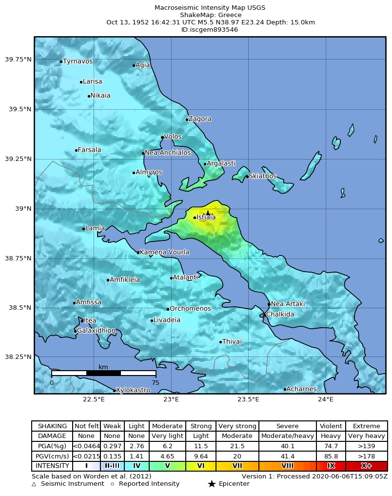 USGS ShakeMap: estimated shaking intensity around the epicenter