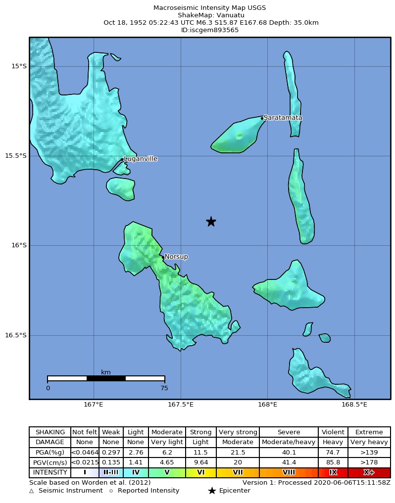 USGS ShakeMap: estimated shaking intensity around the epicenter
