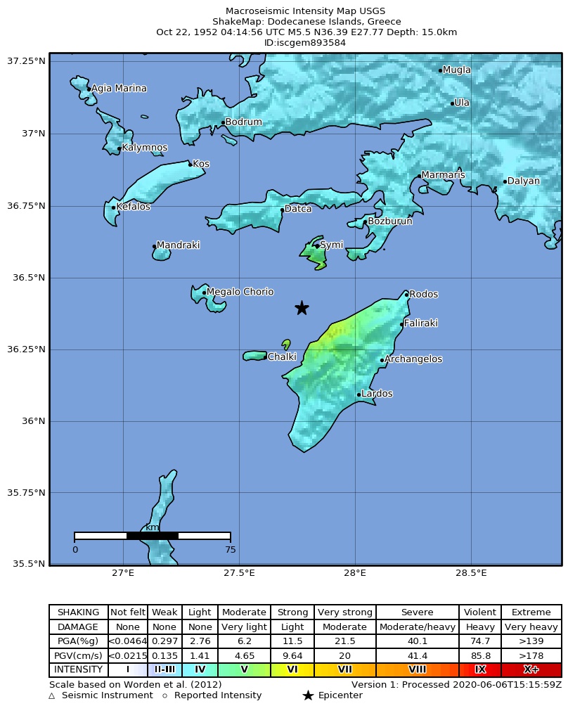 USGS ShakeMap: estimated shaking intensity around the epicenter