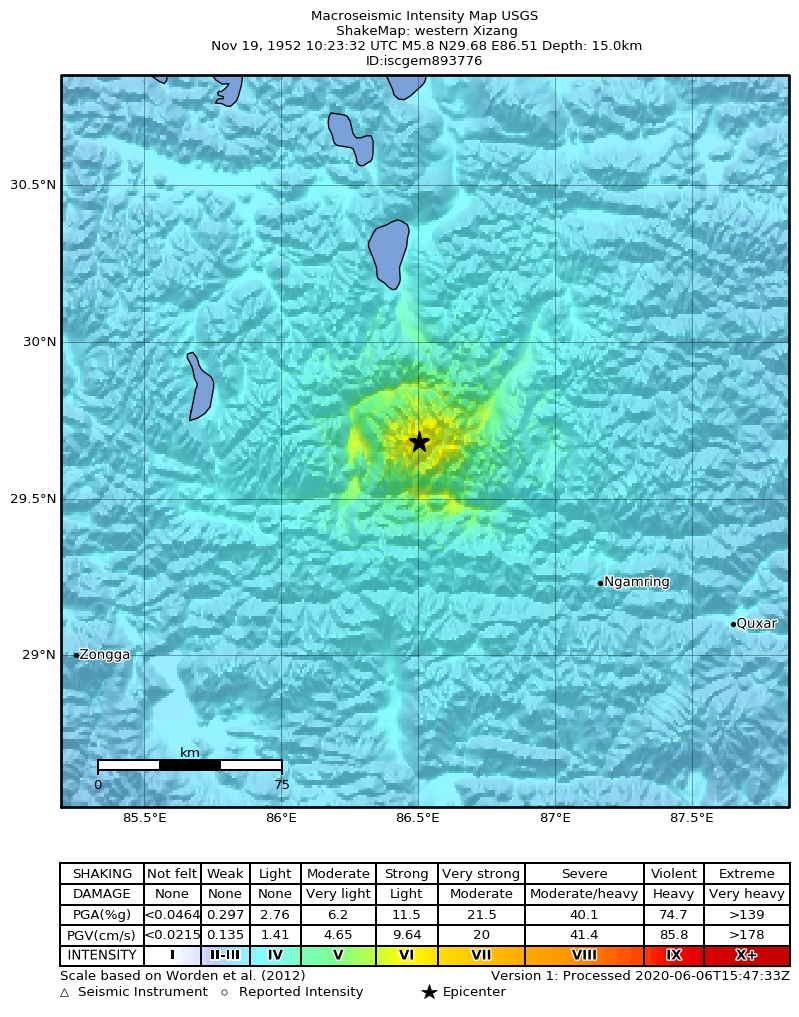USGS ShakeMap: estimated shaking intensity around the epicenter