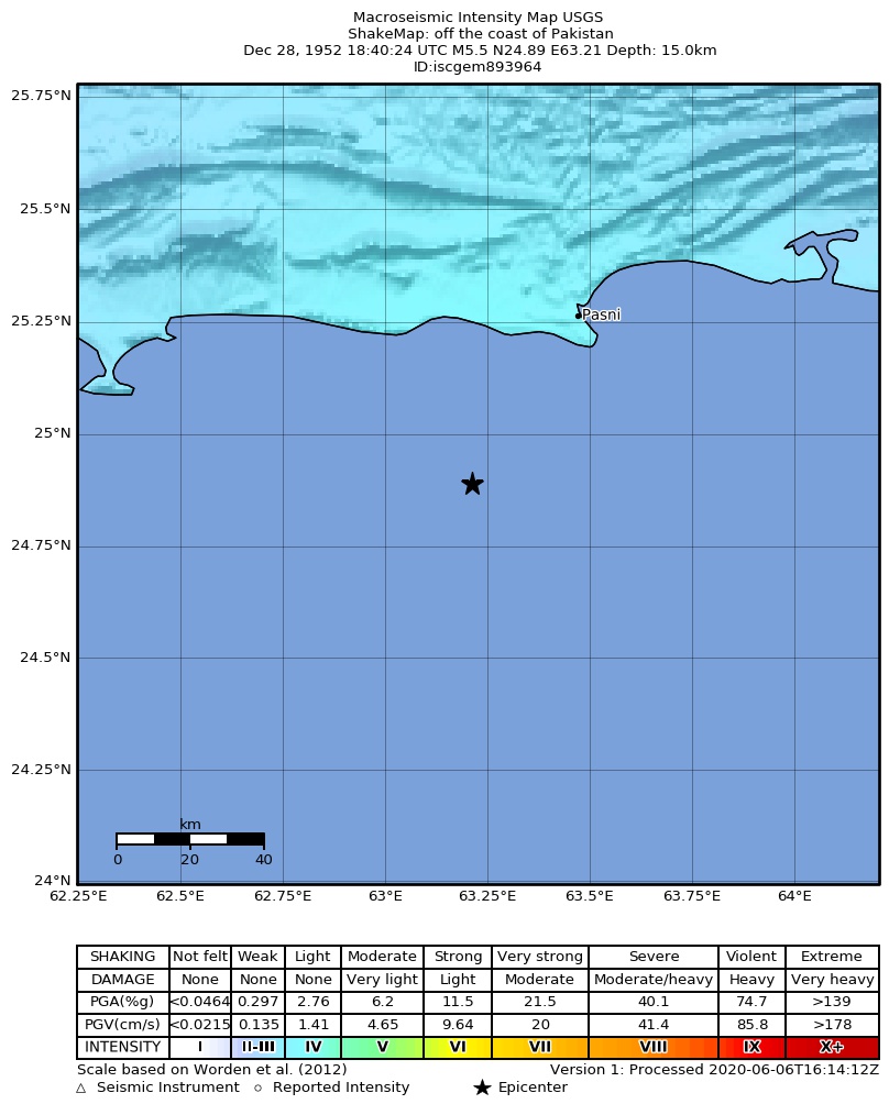 USGS ShakeMap: estimated shaking intensity around the epicenter
