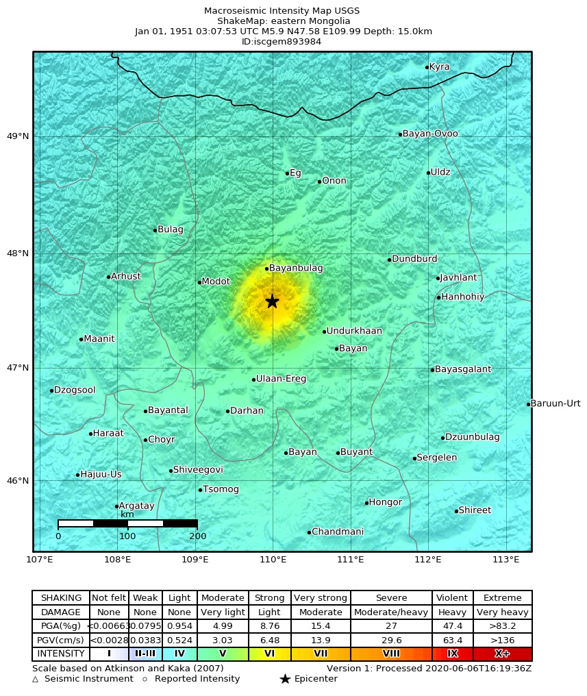 USGS ShakeMap: estimated shaking intensity around the epicenter
