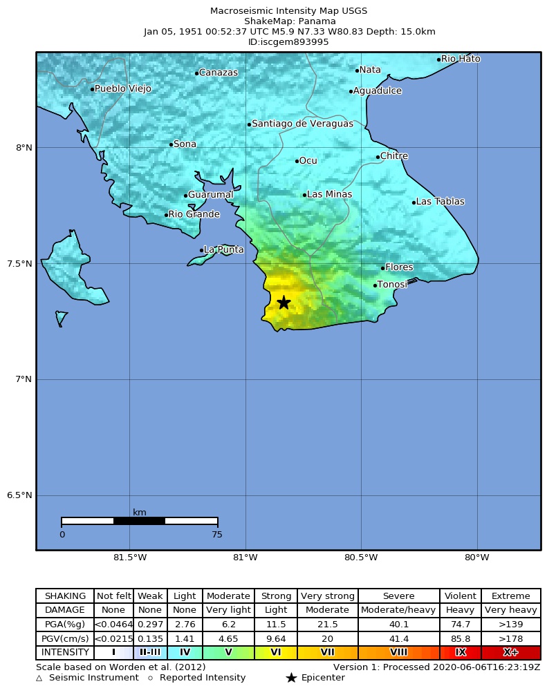 USGS ShakeMap: estimated shaking intensity around the epicenter