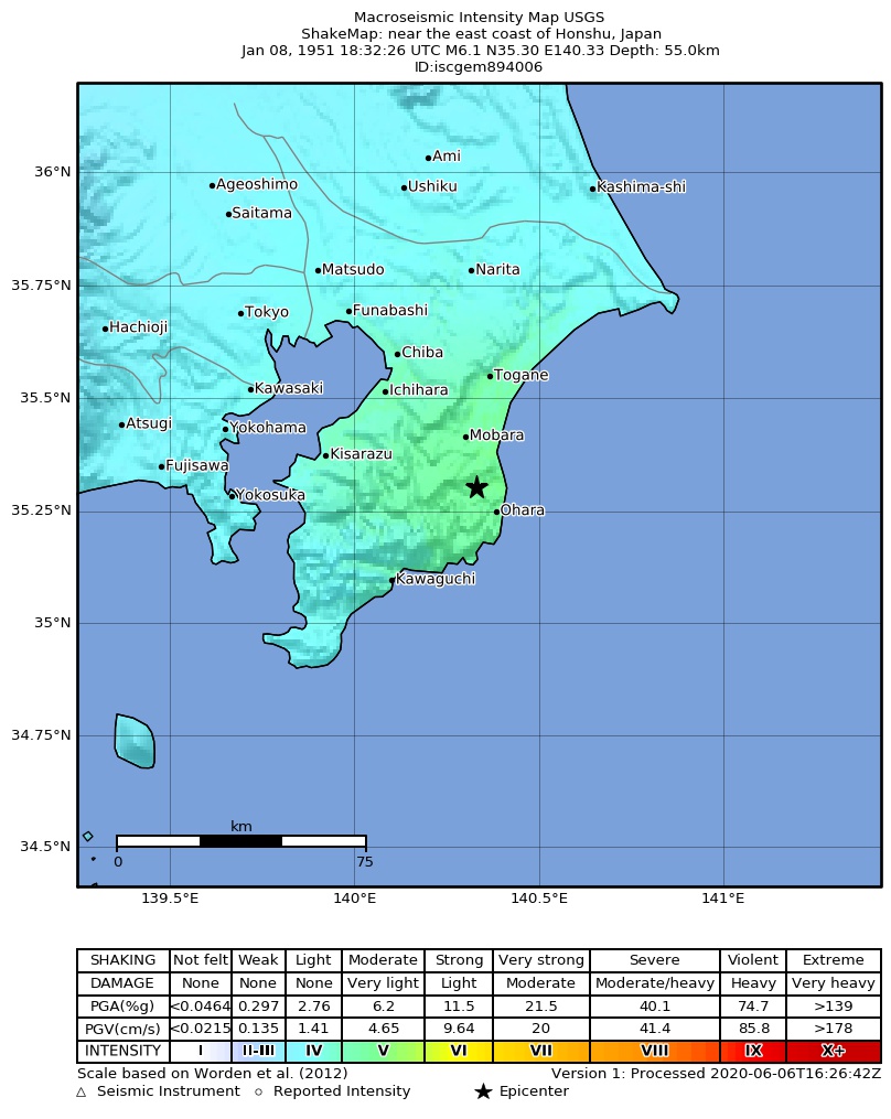 USGS ShakeMap: estimated shaking intensity around the epicenter