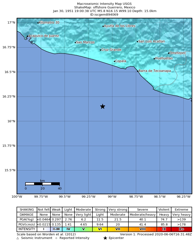 USGS ShakeMap: estimated shaking intensity around the epicenter