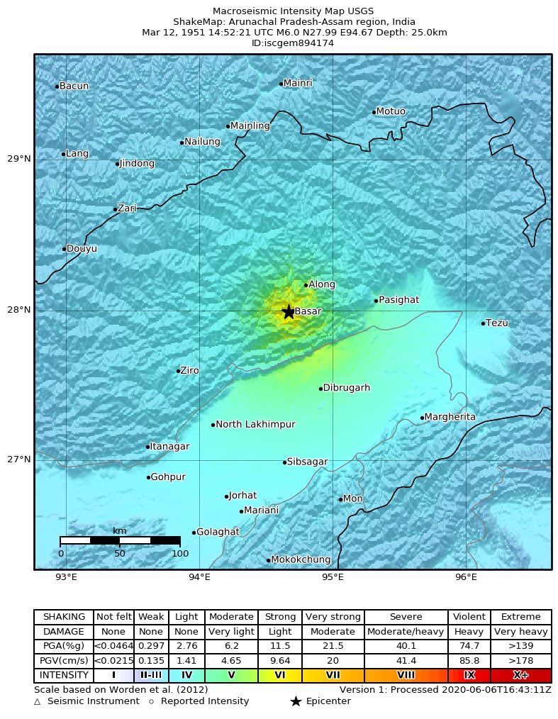 USGS ShakeMap: estimated shaking intensity around the epicenter