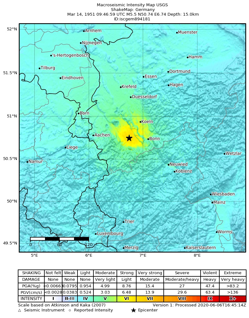USGS ShakeMap: estimated shaking intensity around the epicenter