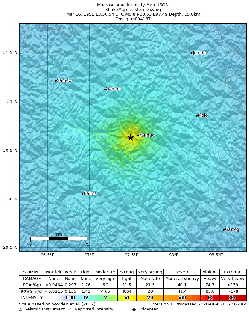 USGS ShakeMap: estimated shaking intensity around the epicenter
