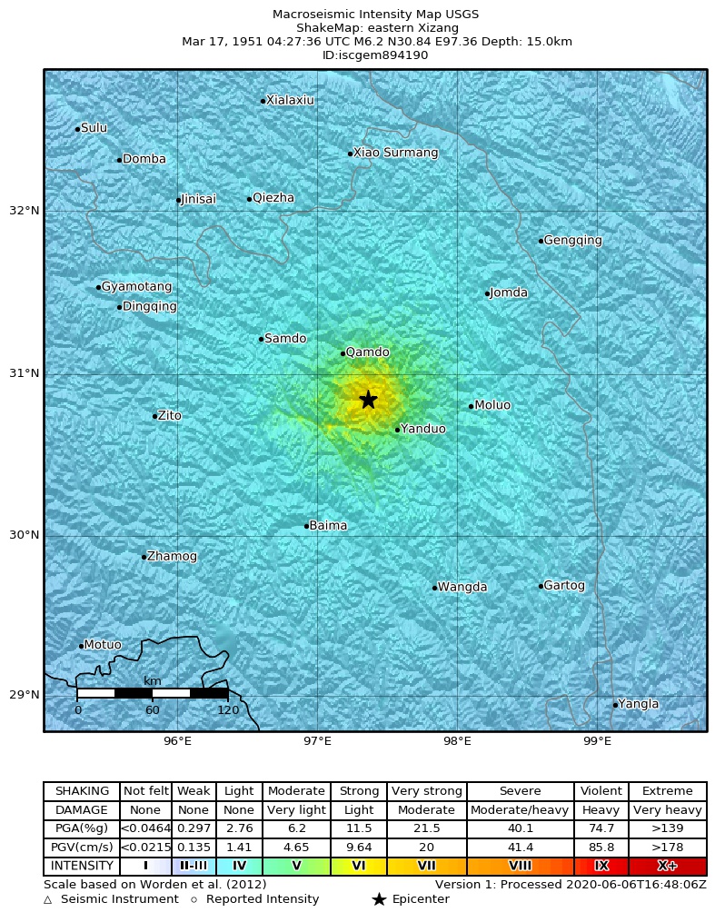USGS ShakeMap: estimated shaking intensity around the epicenter