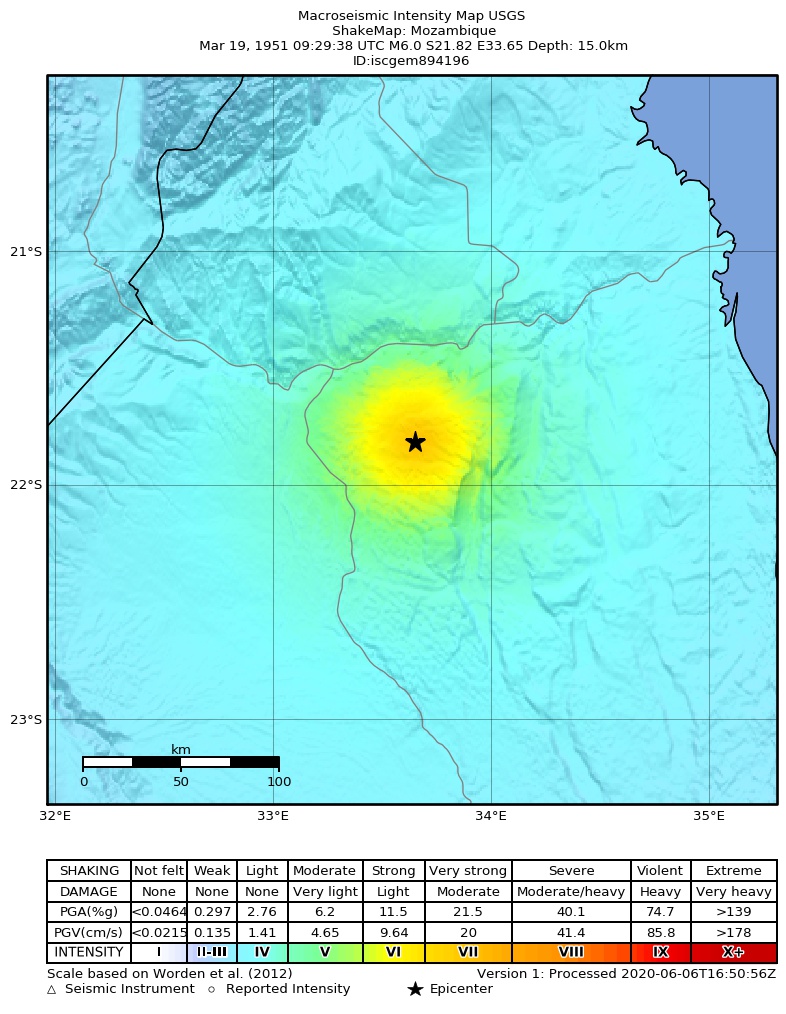 USGS ShakeMap: estimated shaking intensity around the epicenter