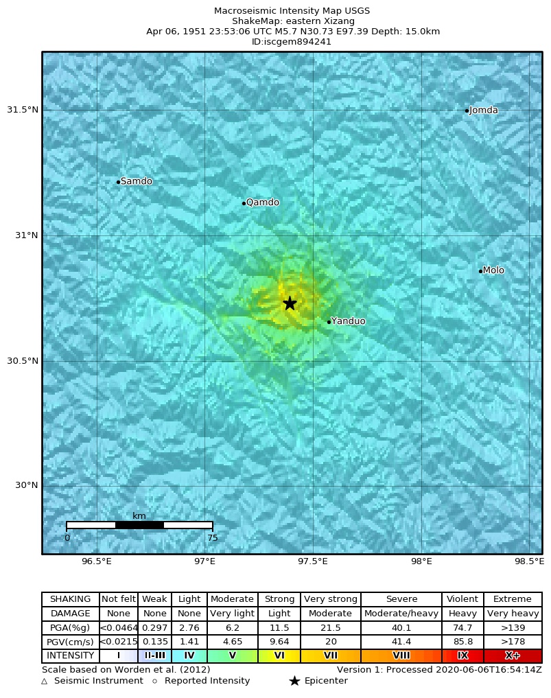USGS ShakeMap: estimated shaking intensity around the epicenter