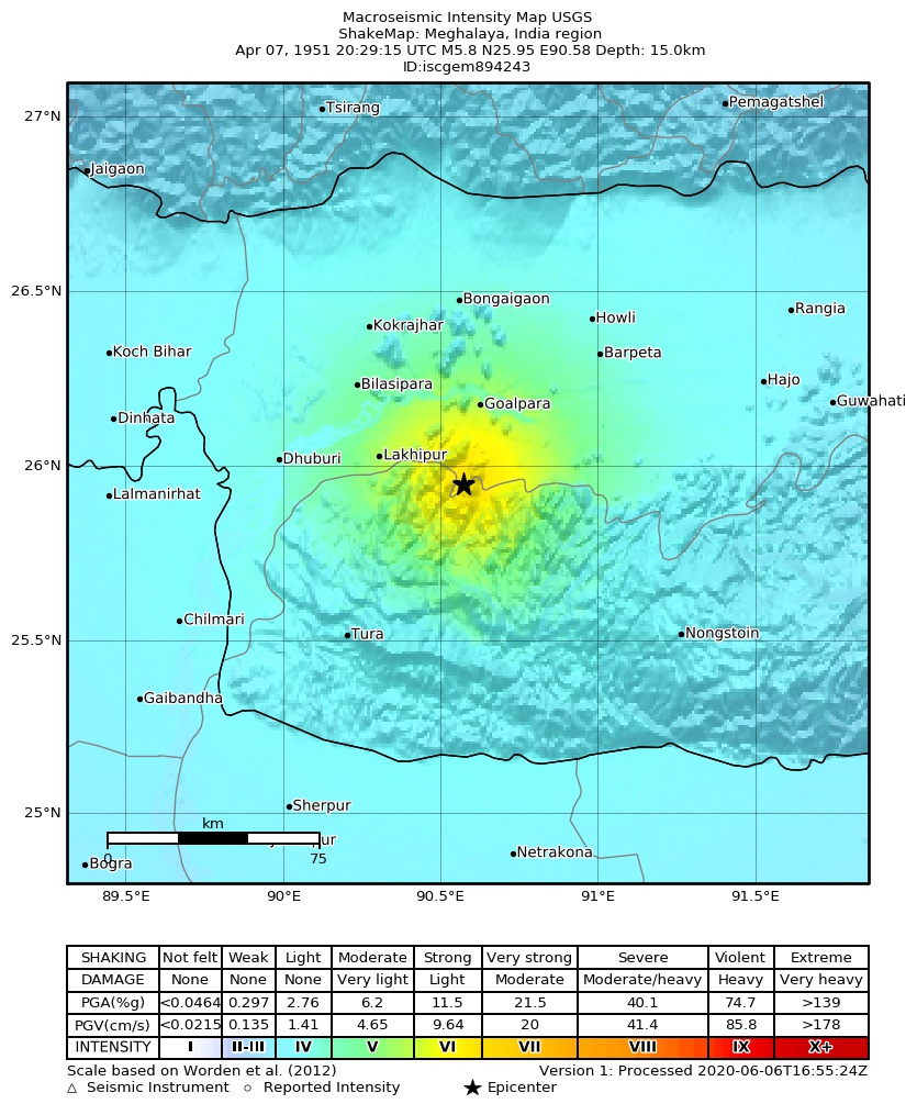 USGS ShakeMap: estimated shaking intensity around the epicenter