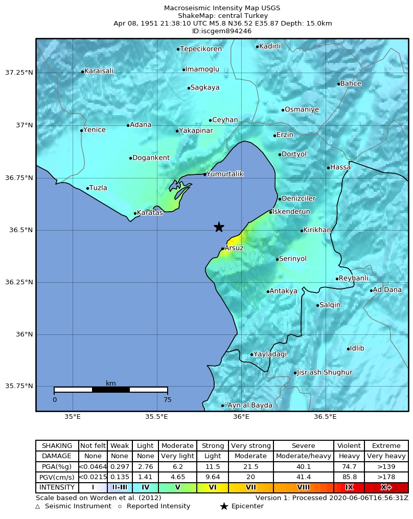 USGS ShakeMap: estimated shaking intensity around the epicenter