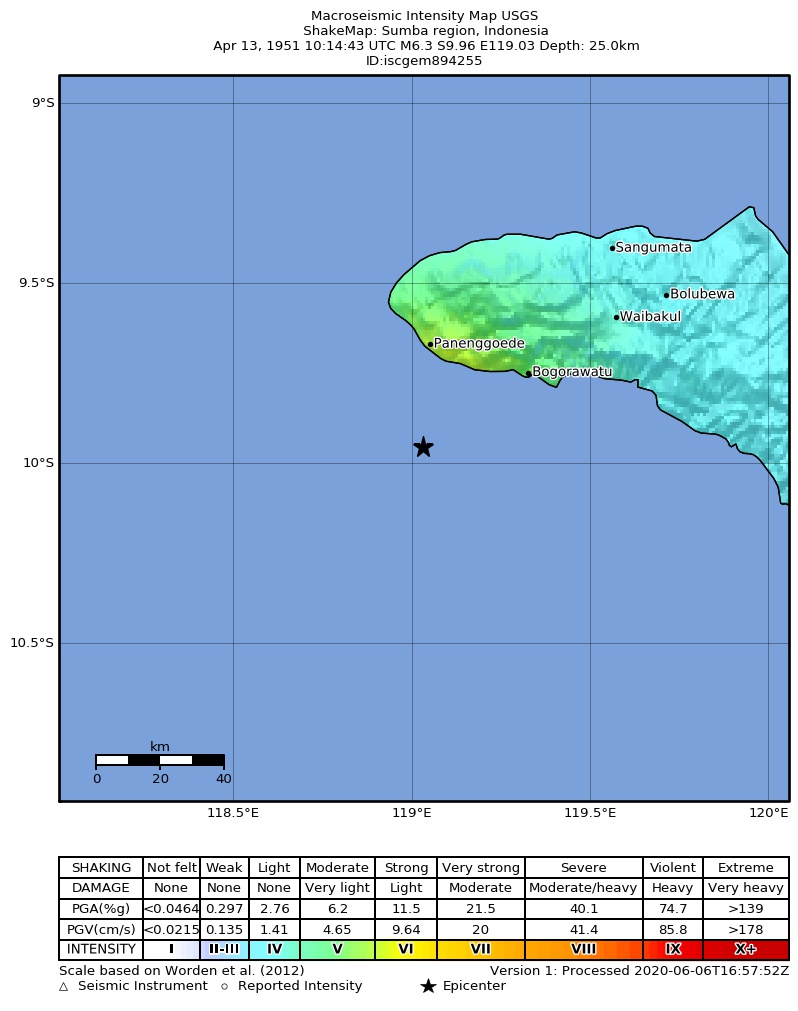 USGS ShakeMap: estimated shaking intensity around the epicenter