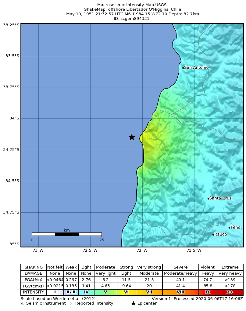 USGS ShakeMap: estimated shaking intensity around the epicenter