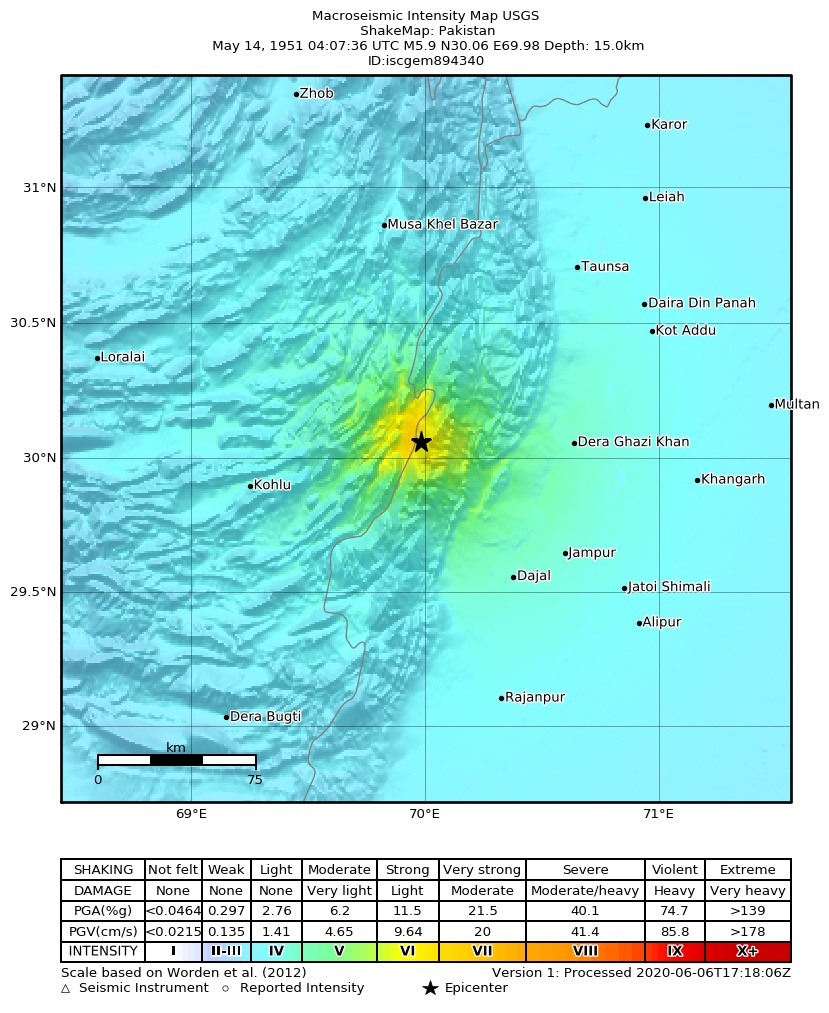 USGS ShakeMap: estimated shaking intensity around the epicenter