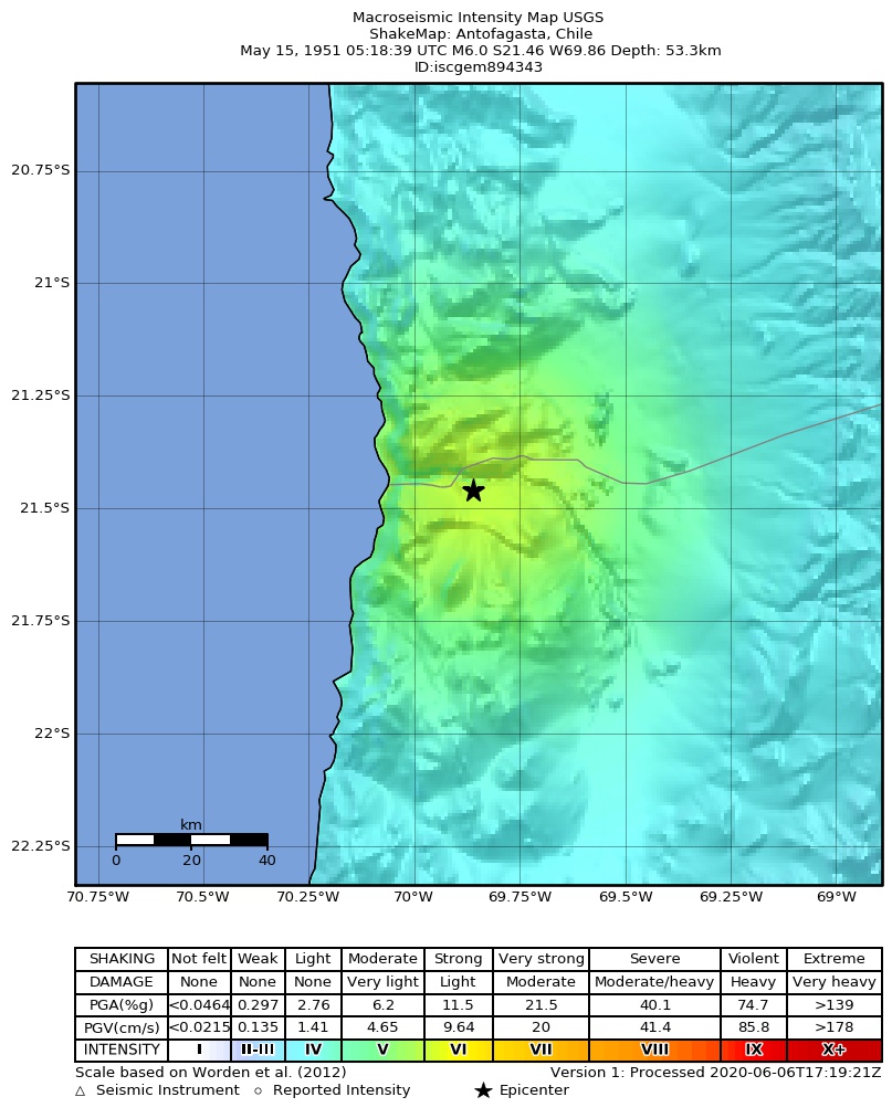 USGS ShakeMap: estimated shaking intensity around the epicenter