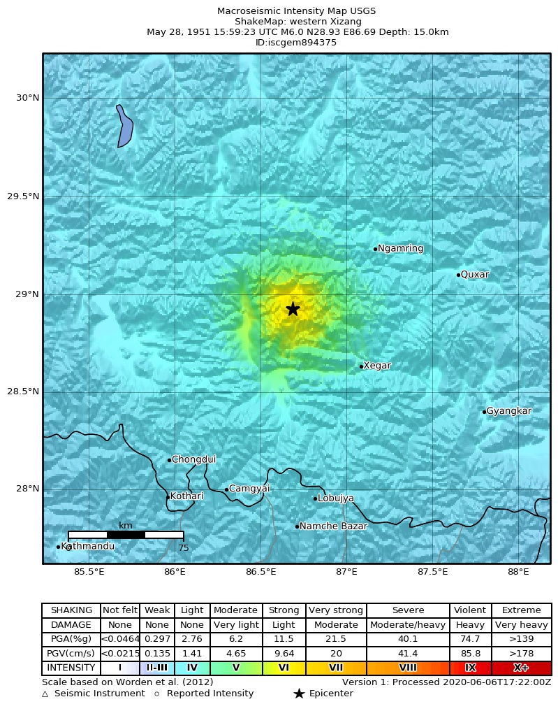 USGS ShakeMap: estimated shaking intensity around the epicenter
