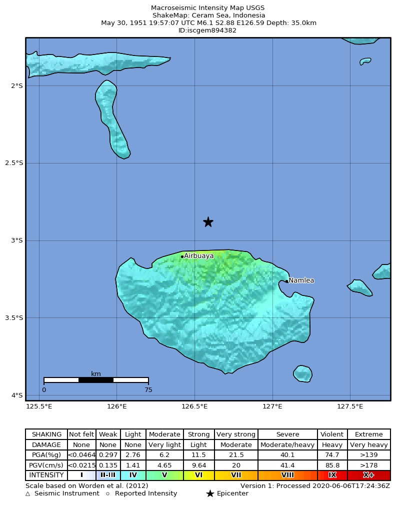 USGS ShakeMap: estimated shaking intensity around the epicenter