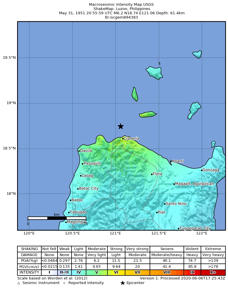USGS ShakeMap: estimated shaking intensity around the epicenter