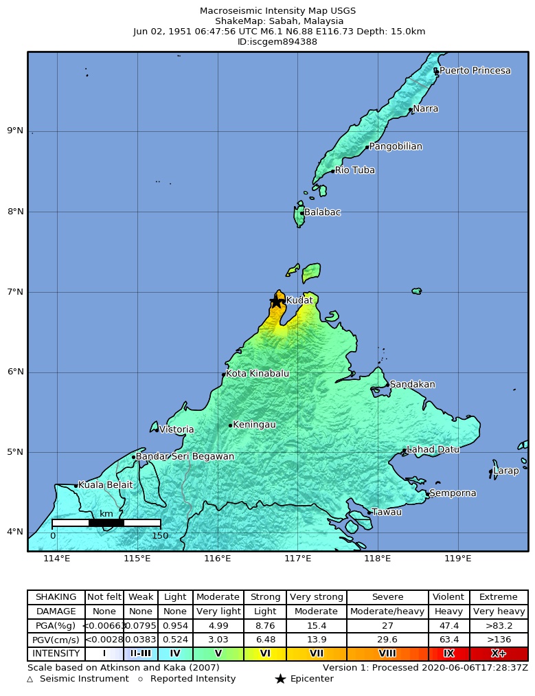 USGS ShakeMap: estimated shaking intensity around the epicenter